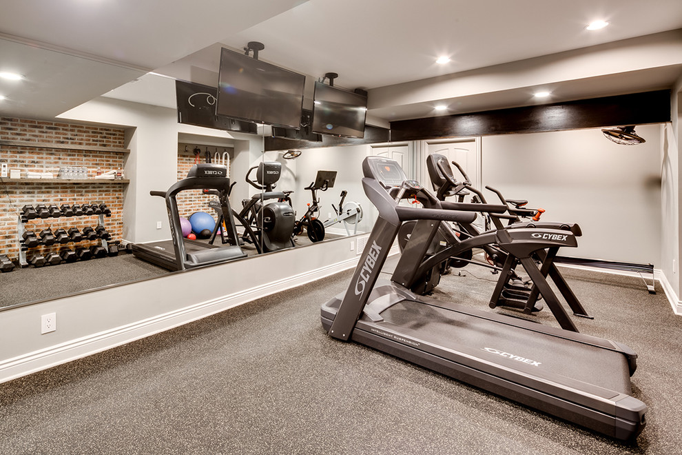 Multiuse home gym - huge rustic carpeted multiuse home gym idea in Baltimore with beige walls