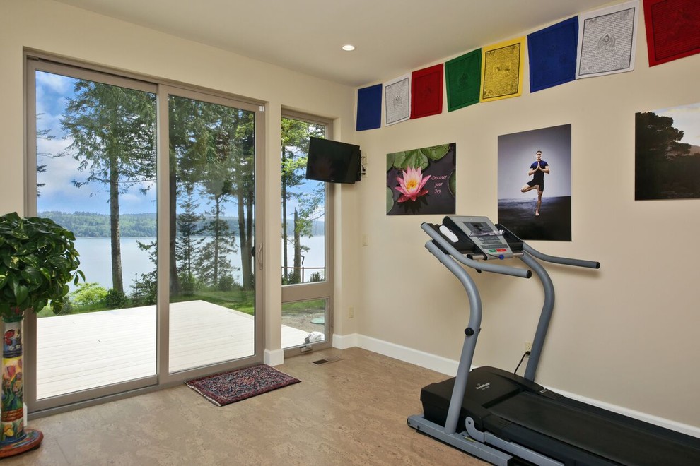 This is an example of a medium sized classic multi-use home gym in Seattle with beige walls, porcelain flooring and beige floors.