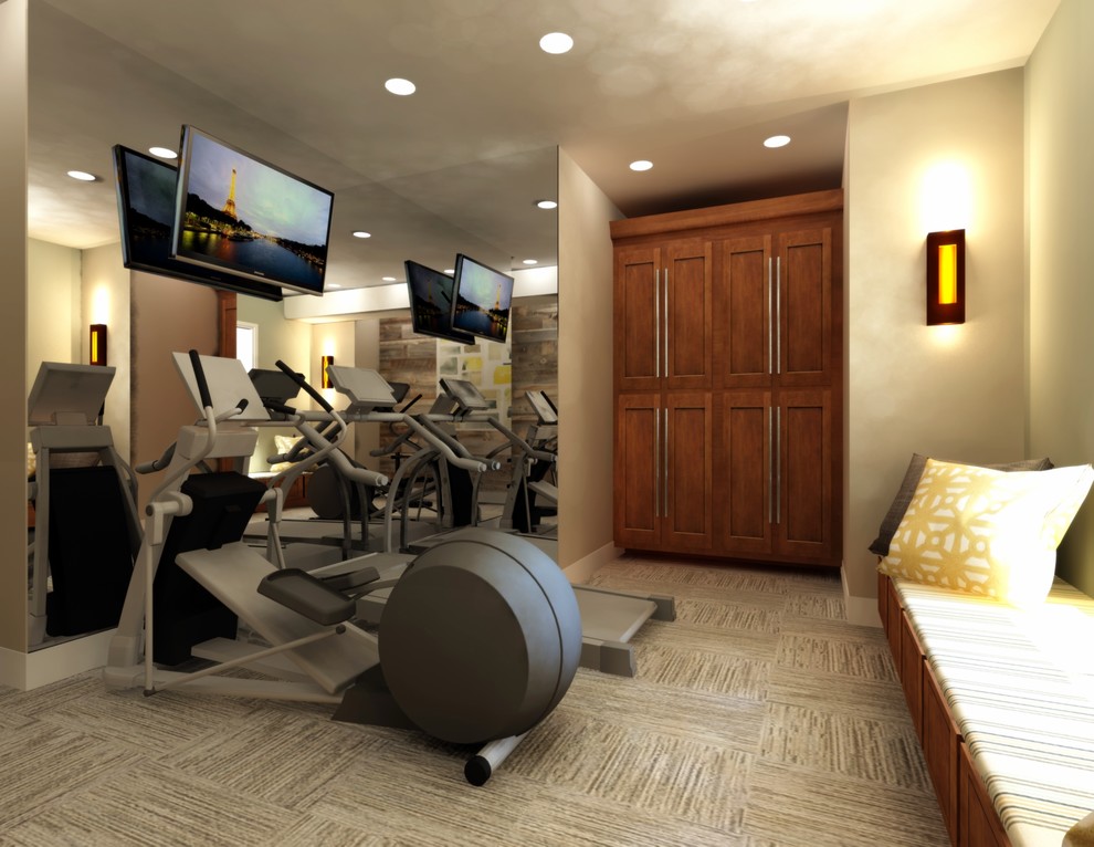 Inspiration for a mid-sized transitional carpeted home weight room remodel in Denver with beige walls