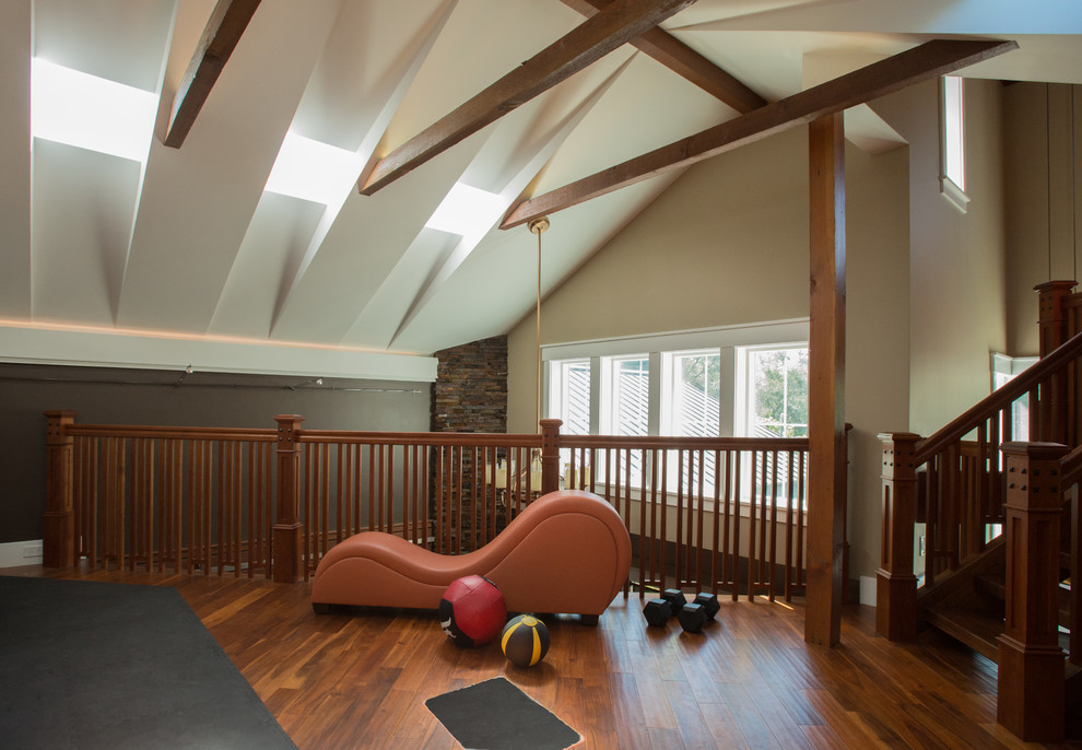 Medium sized contemporary home yoga studio in Sacramento with beige walls and medium hardwood flooring.