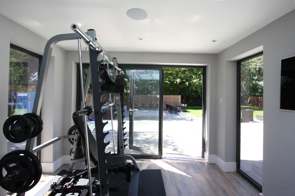 Moderner Fitnessraum mit grauer Wandfarbe und Sperrholzboden in Sonstige