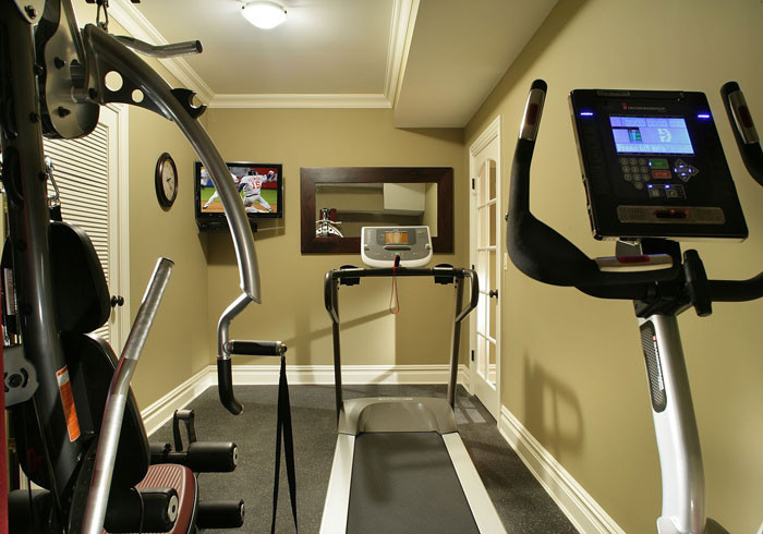 Home gym - eclectic gray floor home gym idea in New York
