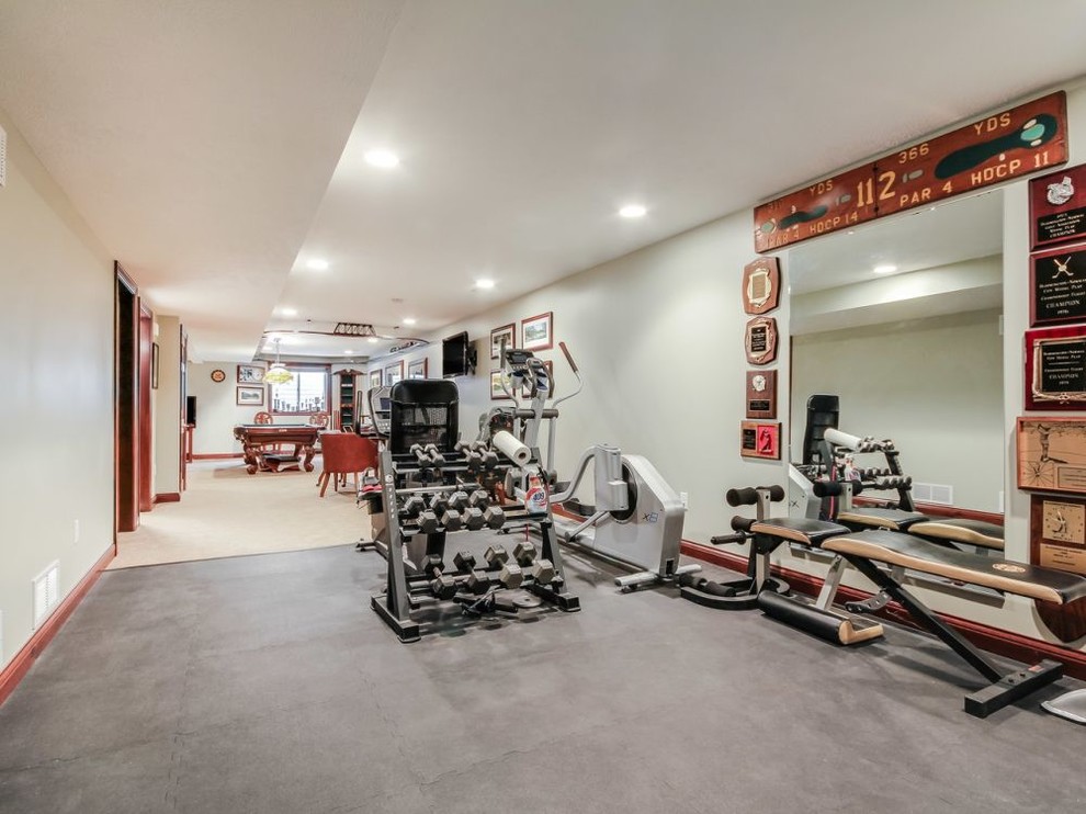 Design ideas for a medium sized classic home weight room in Orange County with white walls.