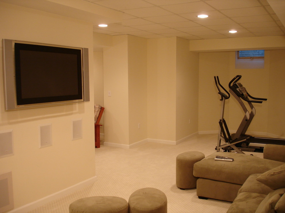 Example of a mid-sized classic carpeted and beige floor multiuse home gym design in New York with yellow walls