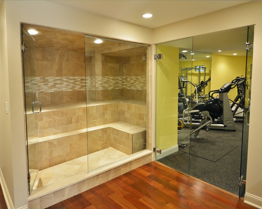 Transitional home gym photo in Boston