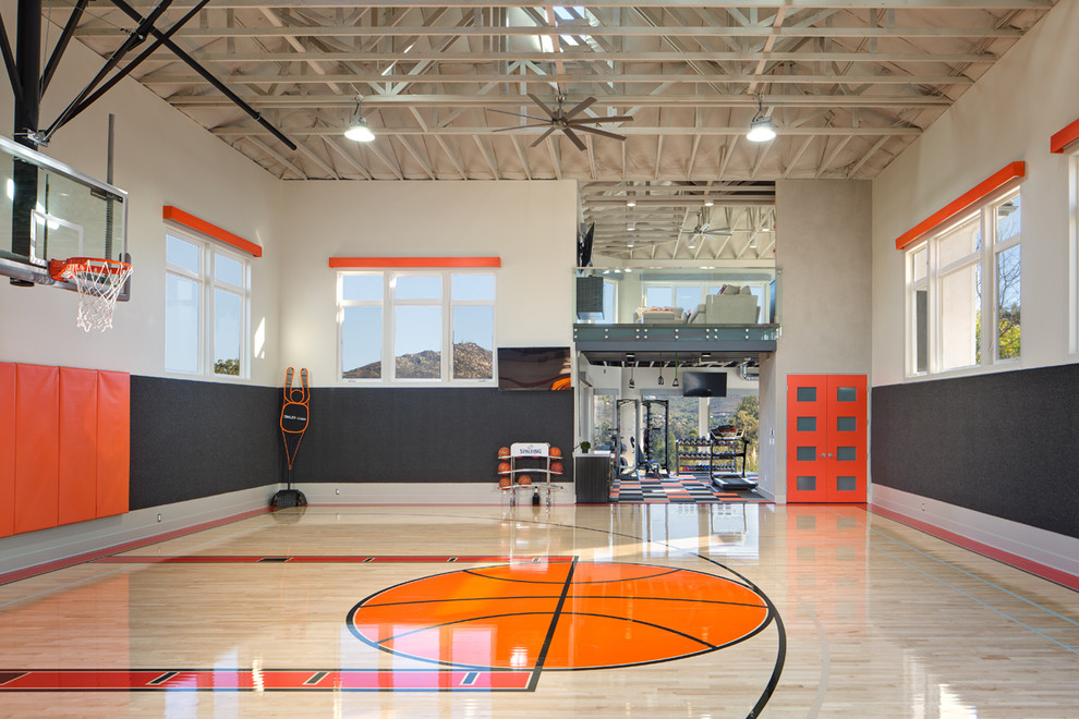 Large modern indoor sports court in San Diego with multi-coloured walls and light hardwood flooring.