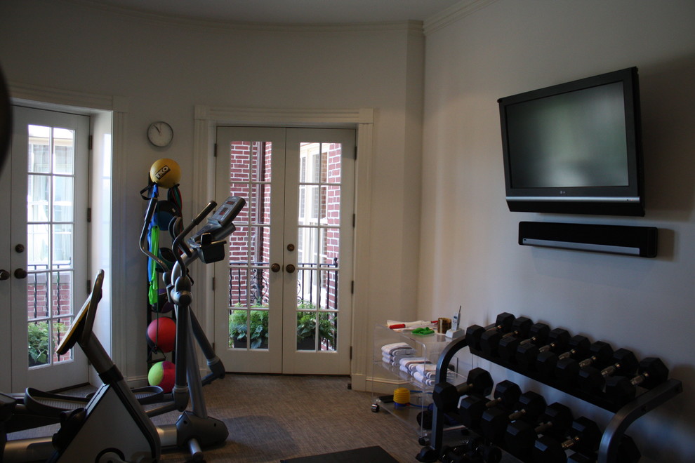 Multiuse home gym - mid-sized contemporary carpeted and beige floor multiuse home gym idea in Boston with white walls