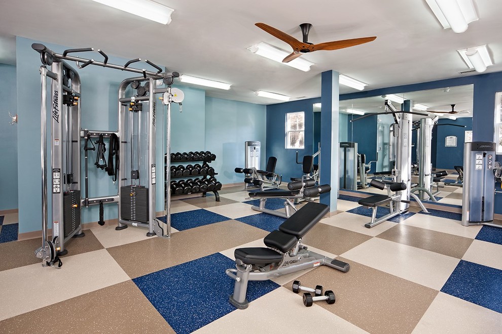Home gym - transitional linoleum floor home gym idea in Raleigh with blue walls