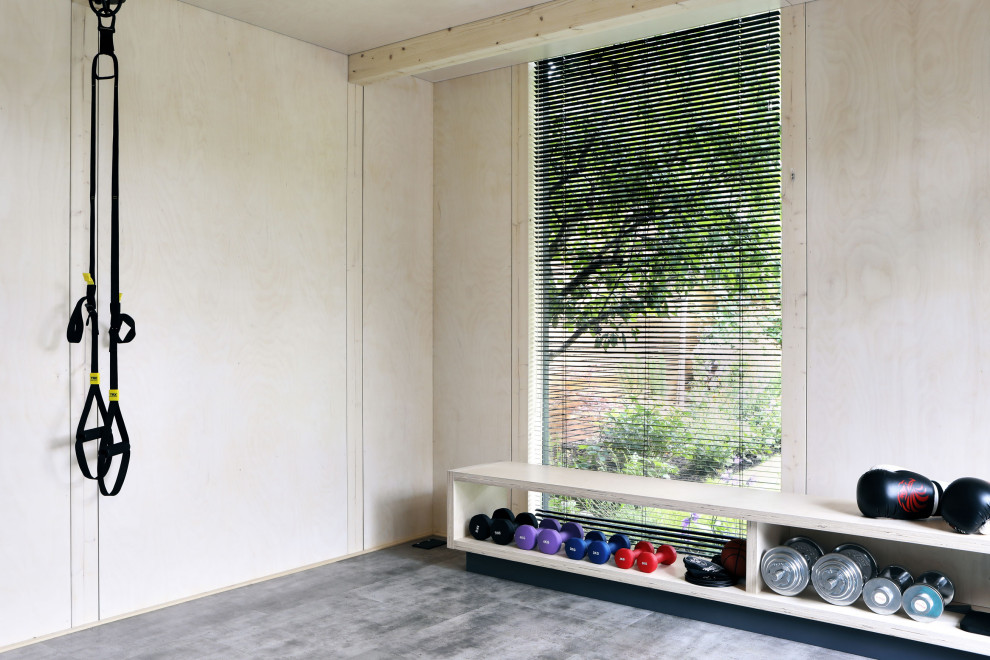 Immagine di una sala pesi contemporanea di medie dimensioni con pavimento in vinile e pavimento grigio