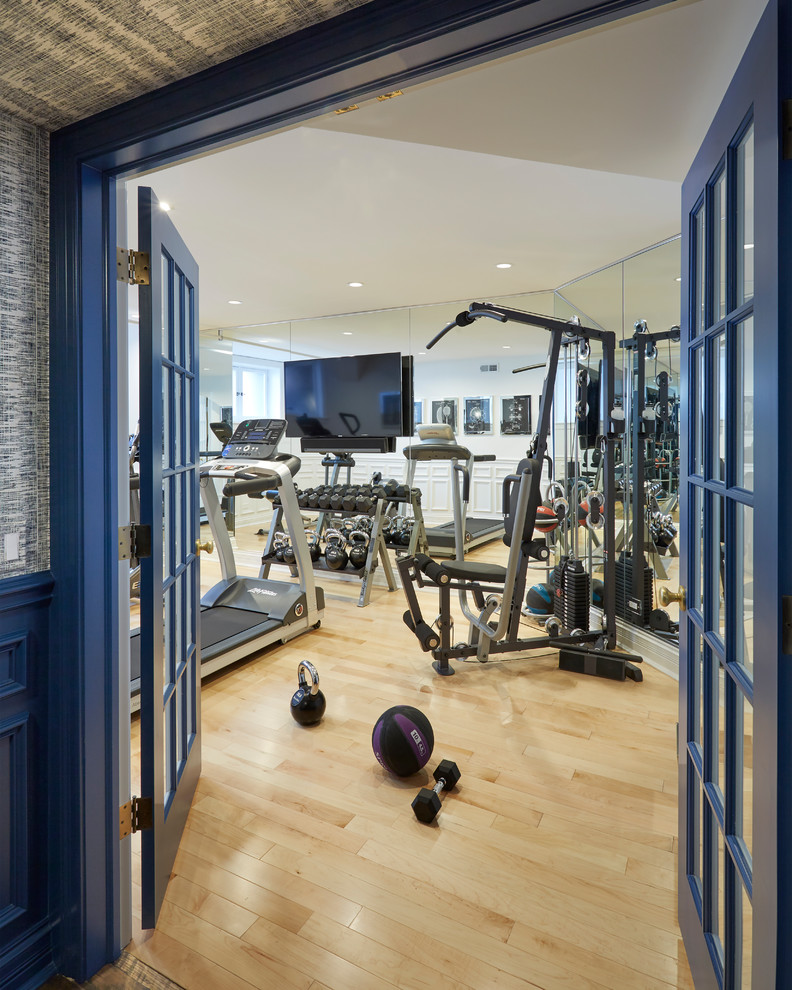 Blue French Doors Lead To Home Gym Transitional Home Gym Chicago By Orren Pickell Building Group Houzz