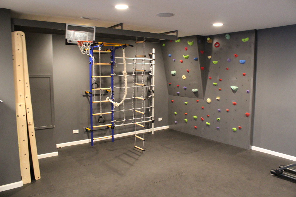 Design ideas for a medium sized traditional home climbing wall in Chicago with grey walls and cork flooring.