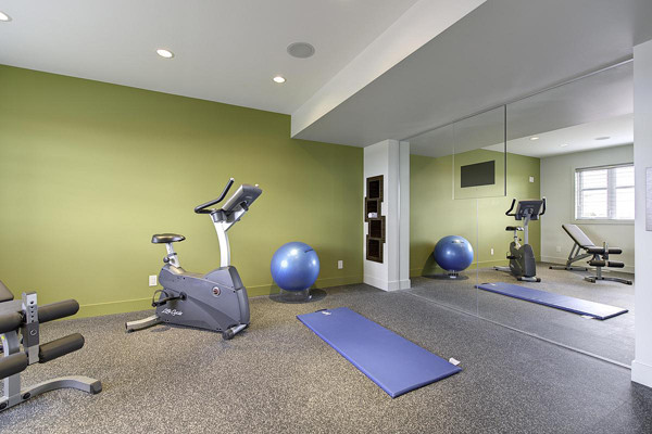 This is an example of a large modern multi-use home gym in Other with green walls, vinyl flooring and grey floors.