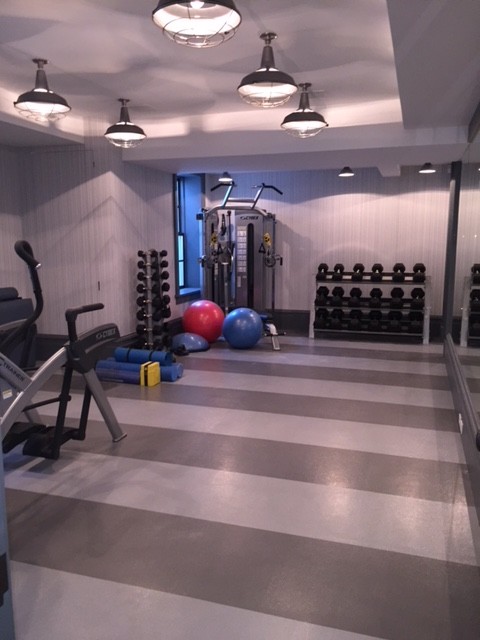Multiuse home gym - large transitional multiuse home gym idea in New York with gray walls