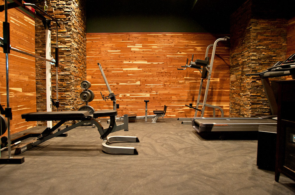 Inspiration for a contemporary gray floor home weight room remodel in Other with brown walls