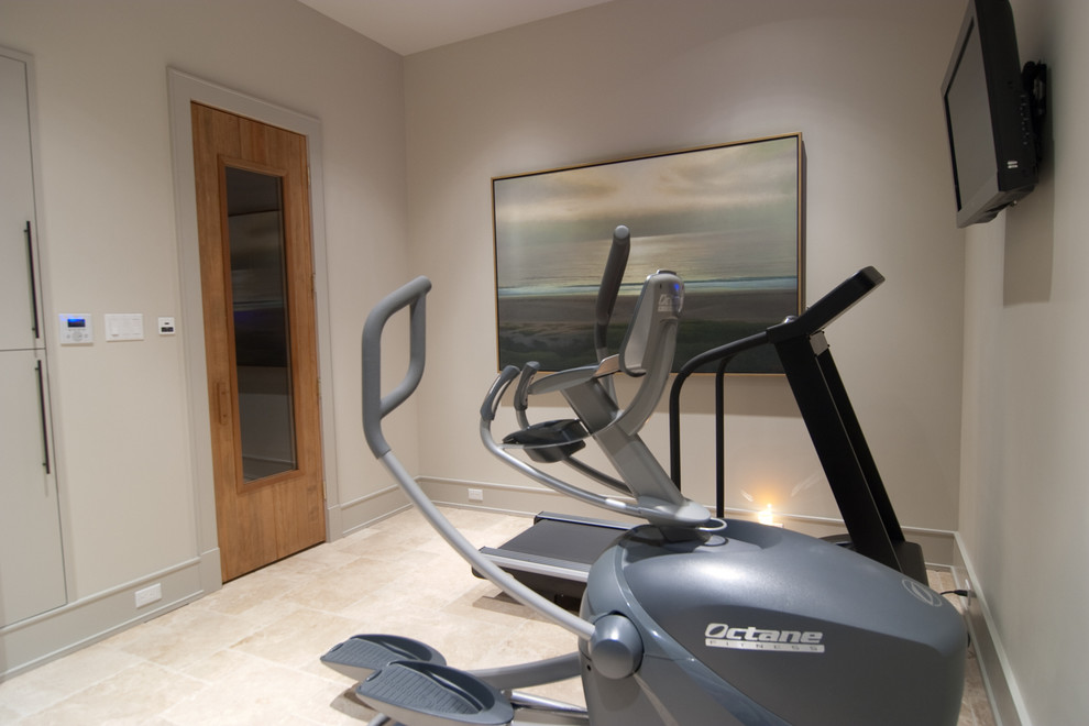 This is an example of a small classic multi-use home gym in Houston with white walls, ceramic flooring and beige floors.