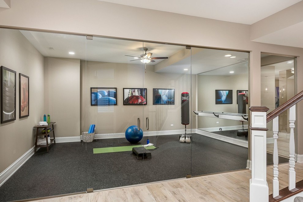 Inspiration for a medium sized traditional multi-use home gym in Chicago with beige walls, porcelain flooring and beige floors.