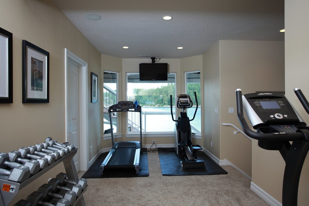 Design ideas for a medium sized classic multi-use home gym in Seattle with beige walls, carpet and beige floors.