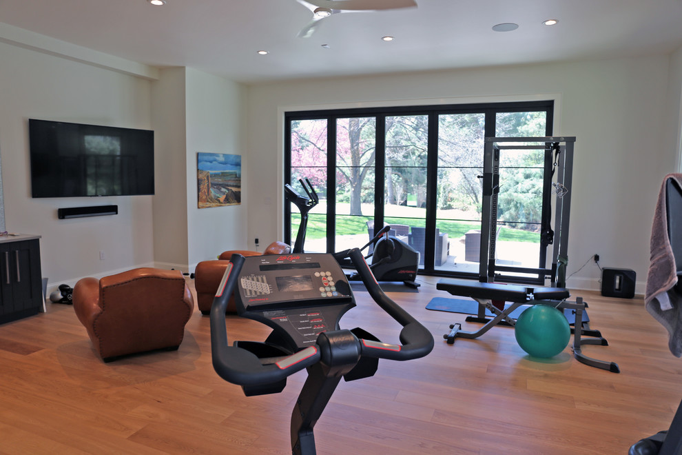 Home weight room - mid-sized contemporary light wood floor home weight room idea in Denver with white walls
