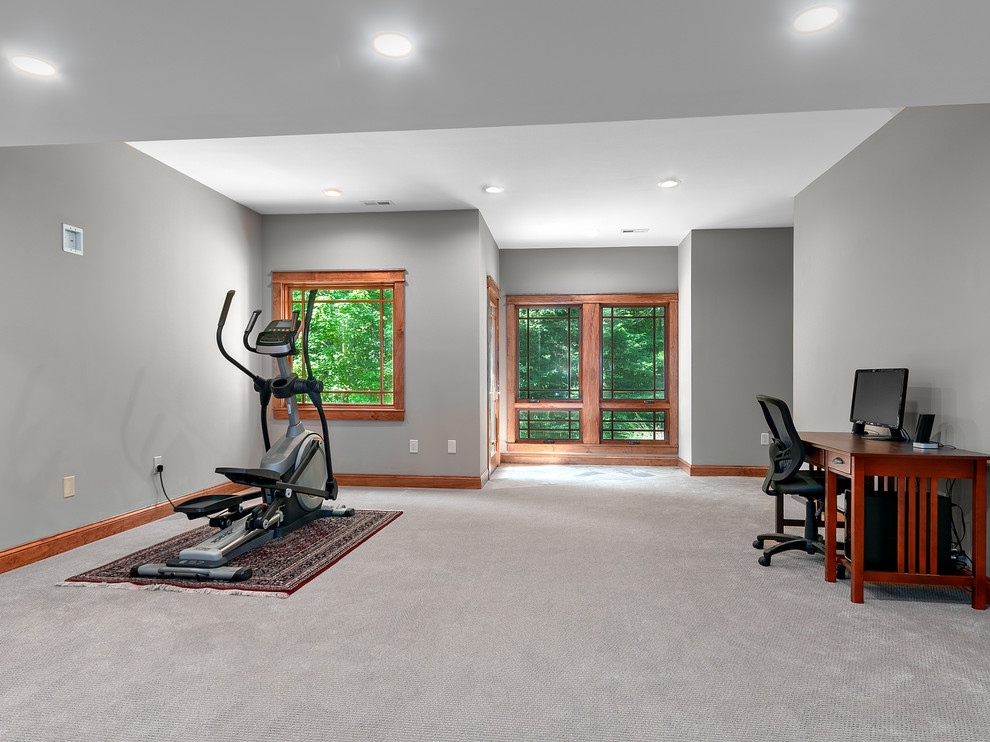 Multiuse home gym - large craftsman carpeted and gray floor multiuse home gym idea in Other with gray walls