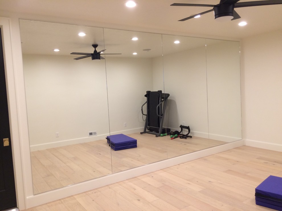 Inspiration for a medium sized traditional multi-use home gym in Salt Lake City with beige walls, light hardwood flooring and beige floors.