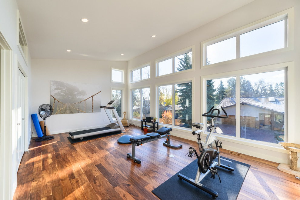 Multifunktionaler, Mittelgroßer Moderner Fitnessraum mit weißer Wandfarbe, braunem Holzboden und braunem Boden in Orange County