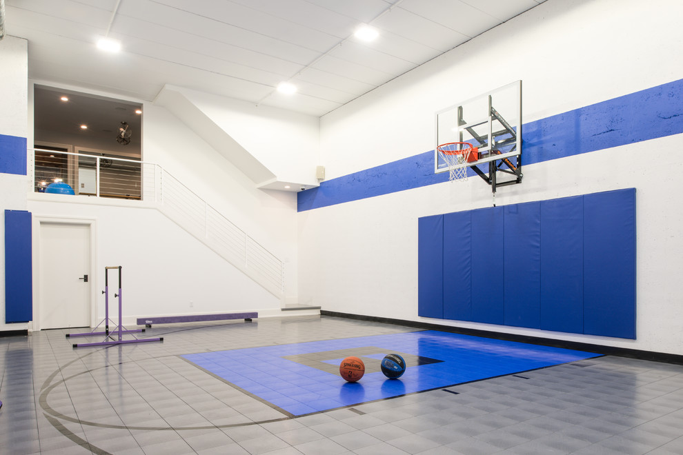 Moderner Fitnessraum mit Indoor-Sportplatz, weißer Wandfarbe und grauem Boden in Minneapolis