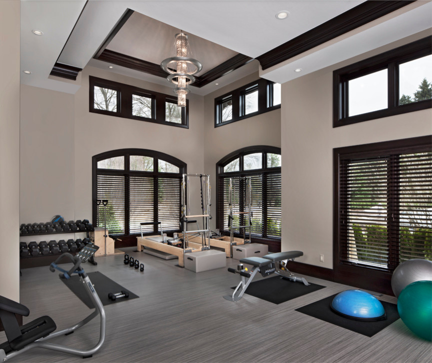 Transitional home gym photo in Detroit