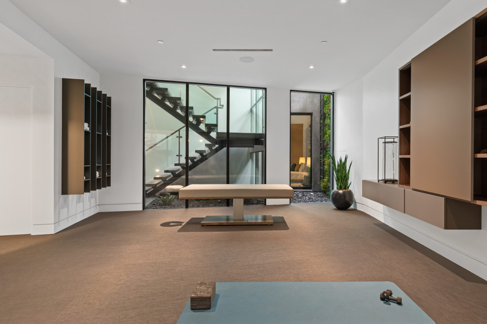 Multifunktionaler, Mittelgroßer Moderner Fitnessraum mit weißer Wandfarbe, Teppichboden und braunem Boden in San Diego