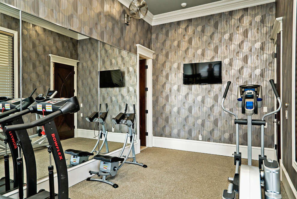 Example of a mid-sized tuscan carpeted and brown floor multiuse home gym design in Oklahoma City with multicolored walls