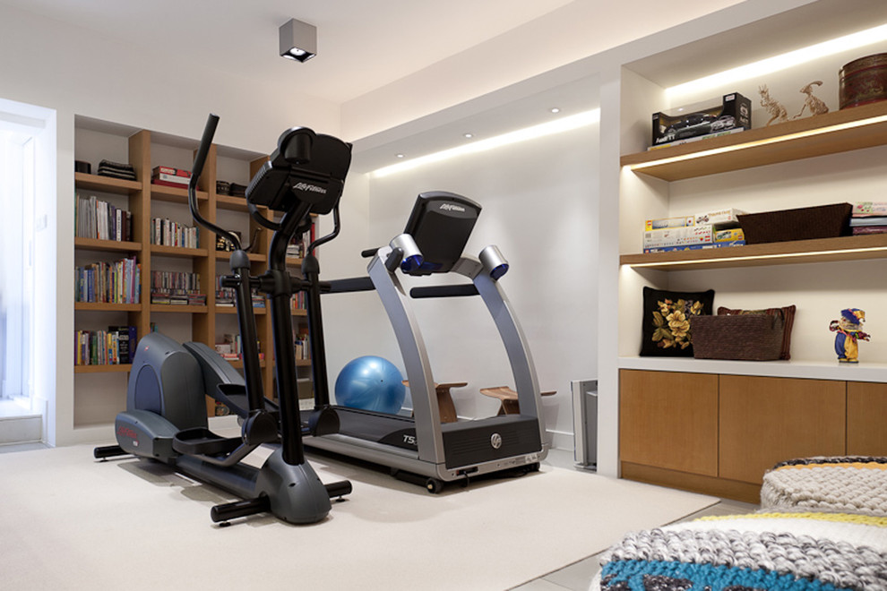 Inspiration for a small contemporary ceramic tile multiuse home gym remodel in Hong Kong with white walls
