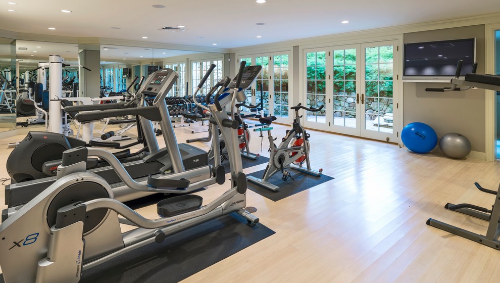 Inspiration for a huge timeless home gym remodel in Boston