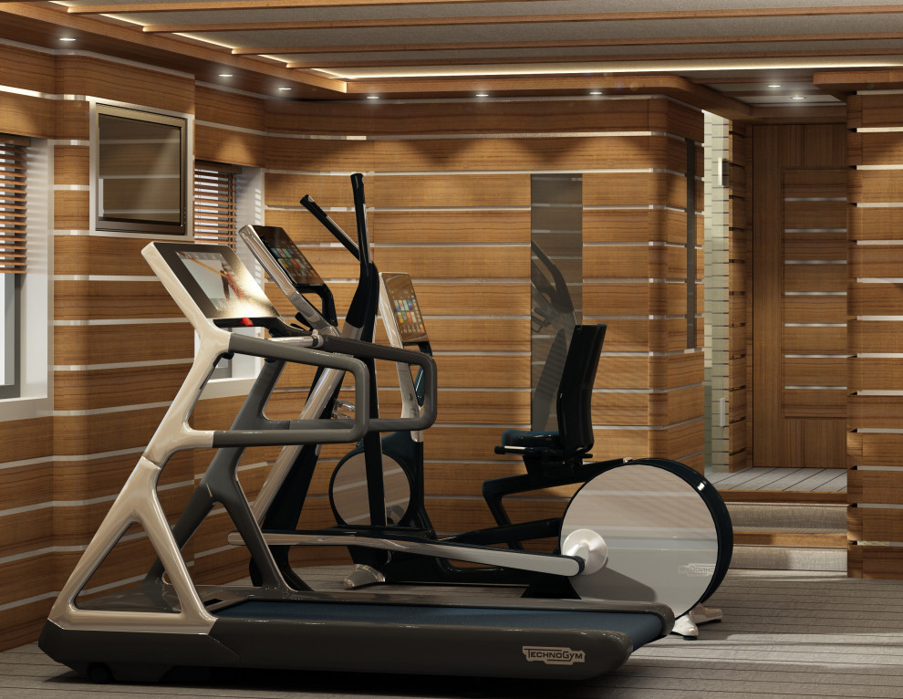 Multifunktionaler, Mittelgroßer Moderner Fitnessraum mit brauner Wandfarbe, hellem Holzboden und grauem Boden in London