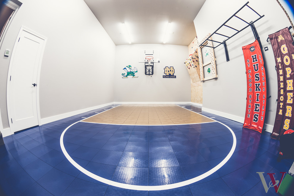 Large rural indoor sports court in Minneapolis with grey walls.