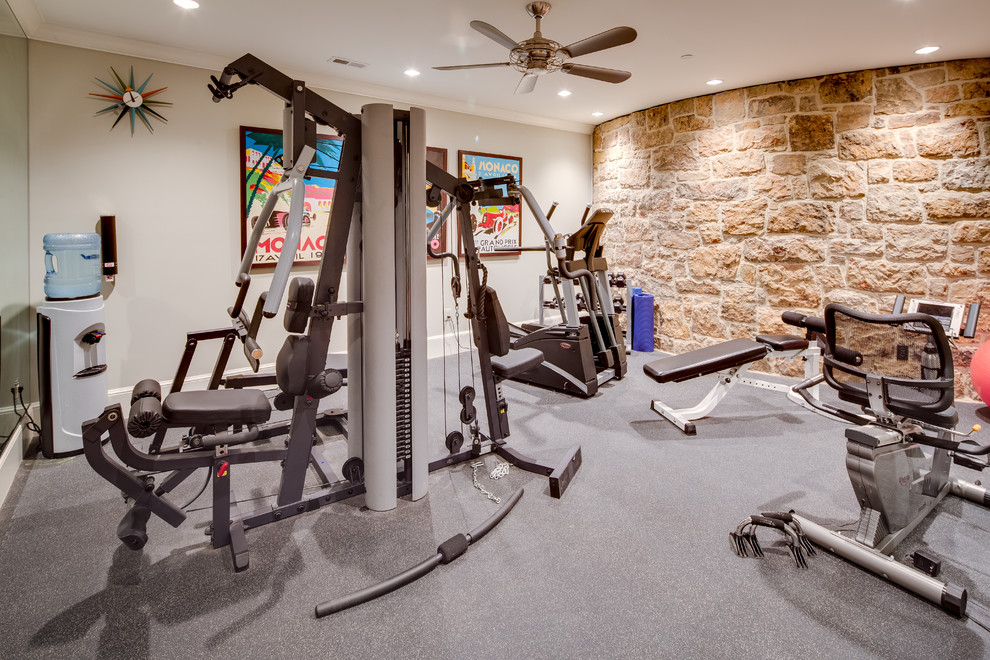 Large farmhouse gray floor multiuse home gym photo in DC Metro with multicolored walls
