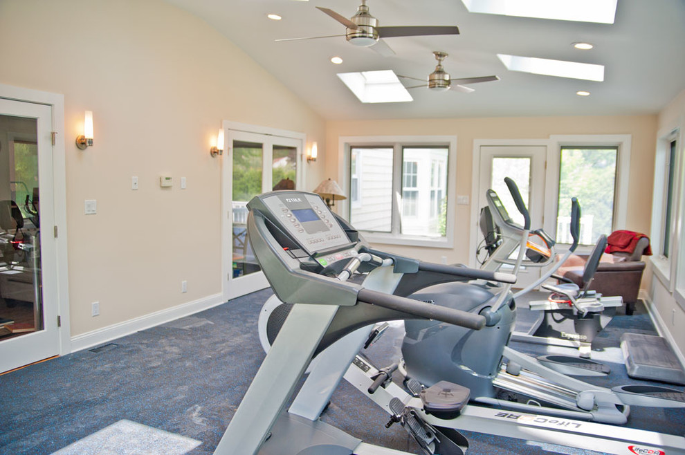 Design ideas for a large contemporary multi-use home gym in New York with white walls and concrete flooring.