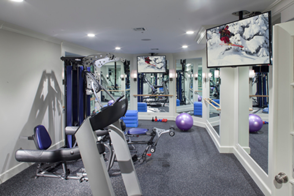 Home weight room - small transitional home weight room idea in Newark with white walls