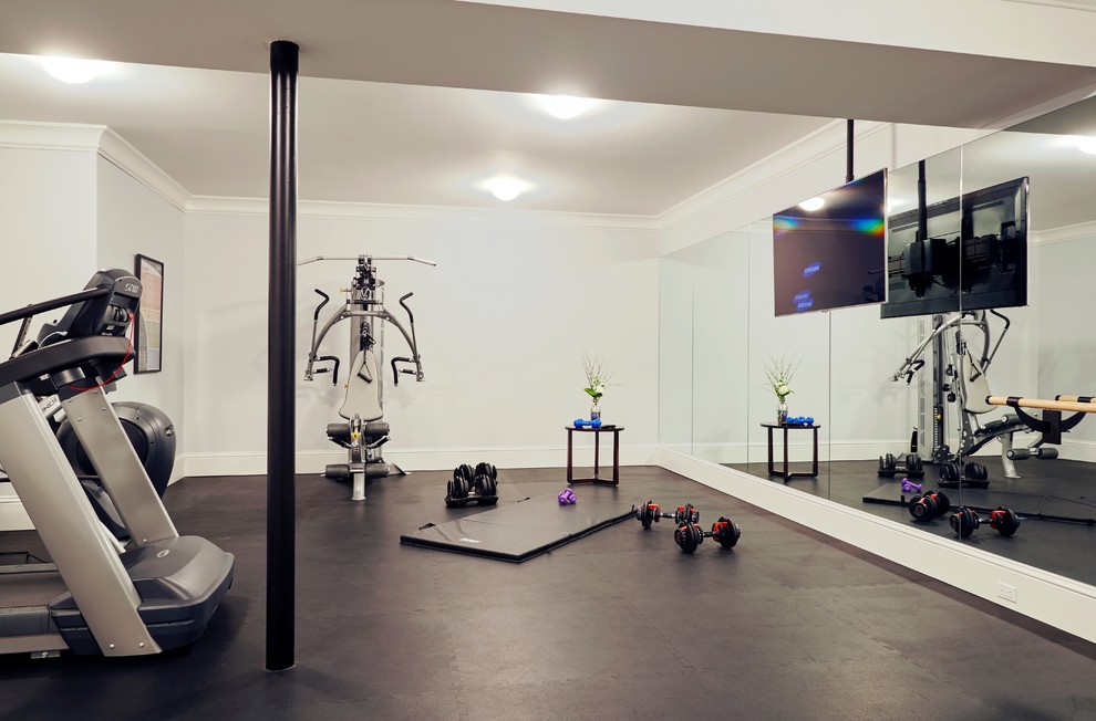 Multifunktionaler, Mittelgroßer Moderner Fitnessraum mit grauer Wandfarbe und schwarzem Boden in New York