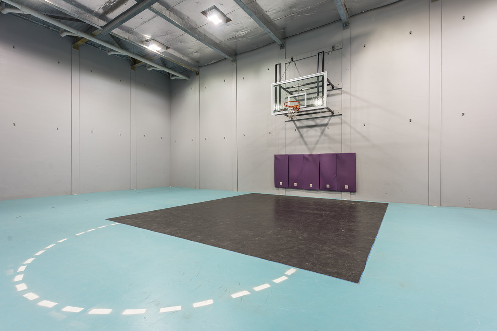 Cette photo montre un grand terrain de sport intérieur tendance avec sol en béton ciré, un mur gris et un sol bleu.