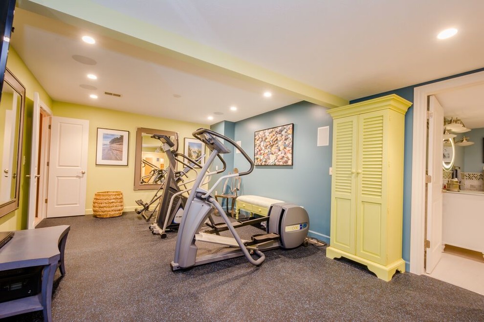 Multiuse home gym - mid-sized transitional vinyl floor multiuse home gym idea in Chicago with multicolored walls