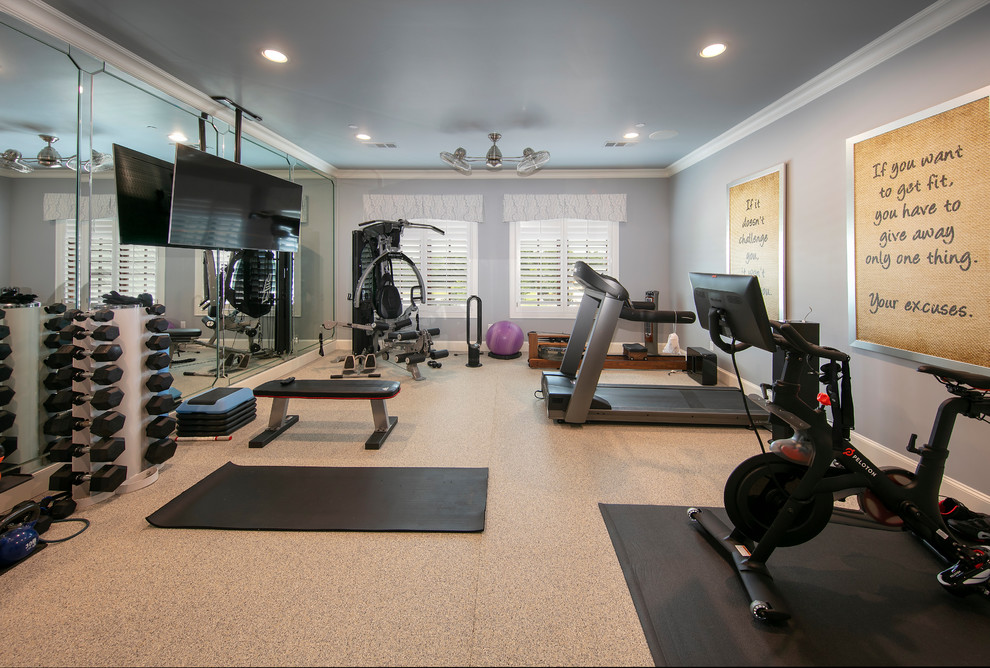 Design ideas for a large classic home weight room in Dallas with grey walls and cork flooring.