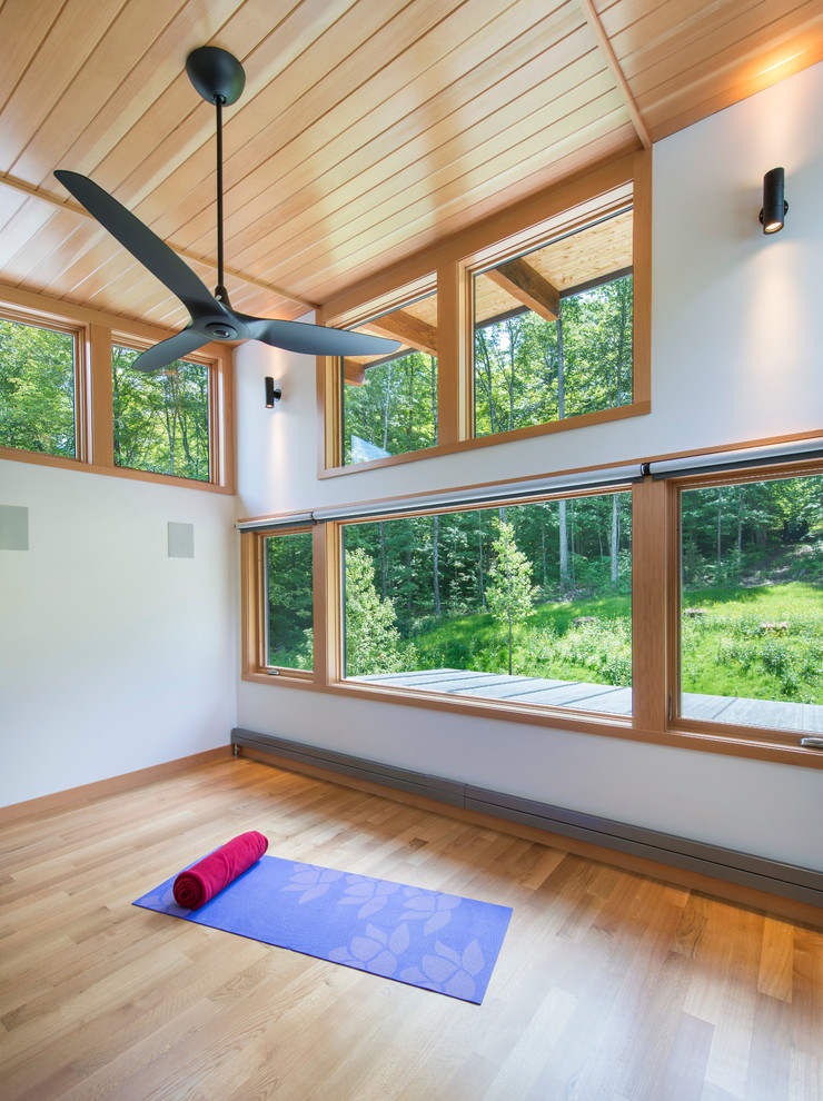 Mittelgroßer Moderner Yogaraum mit weißer Wandfarbe, hellem Holzboden und braunem Boden in Burlington