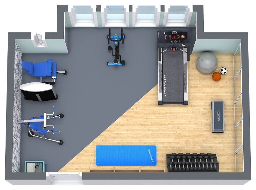Example of a mid-sized minimalist multiuse home gym design in Other with green walls