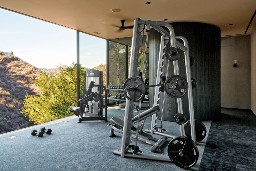 Moderner Fitnessraum mit grauer Wandfarbe, Teppichboden und grauem Boden in Los Angeles