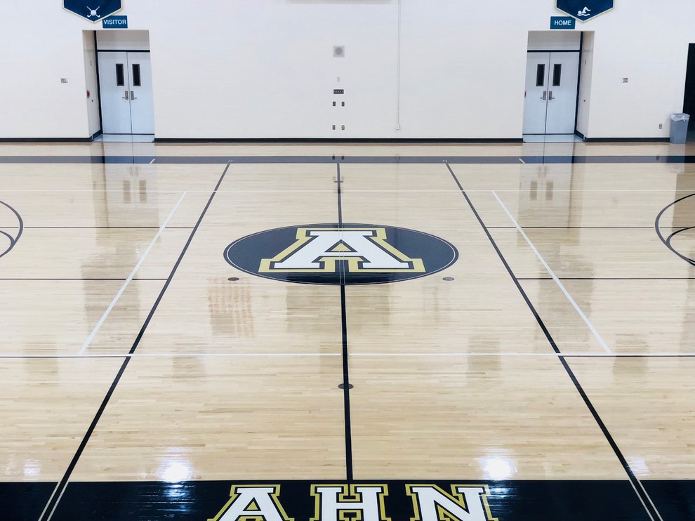 This is an example of a medium sized traditional indoor sports court in Tampa with white walls, light hardwood flooring and beige floors.