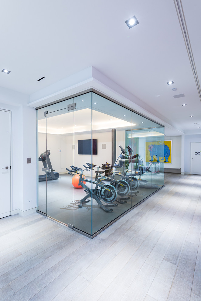 Inspiration for a medium sized classic multi-use home gym in Toronto with white walls and lino flooring.