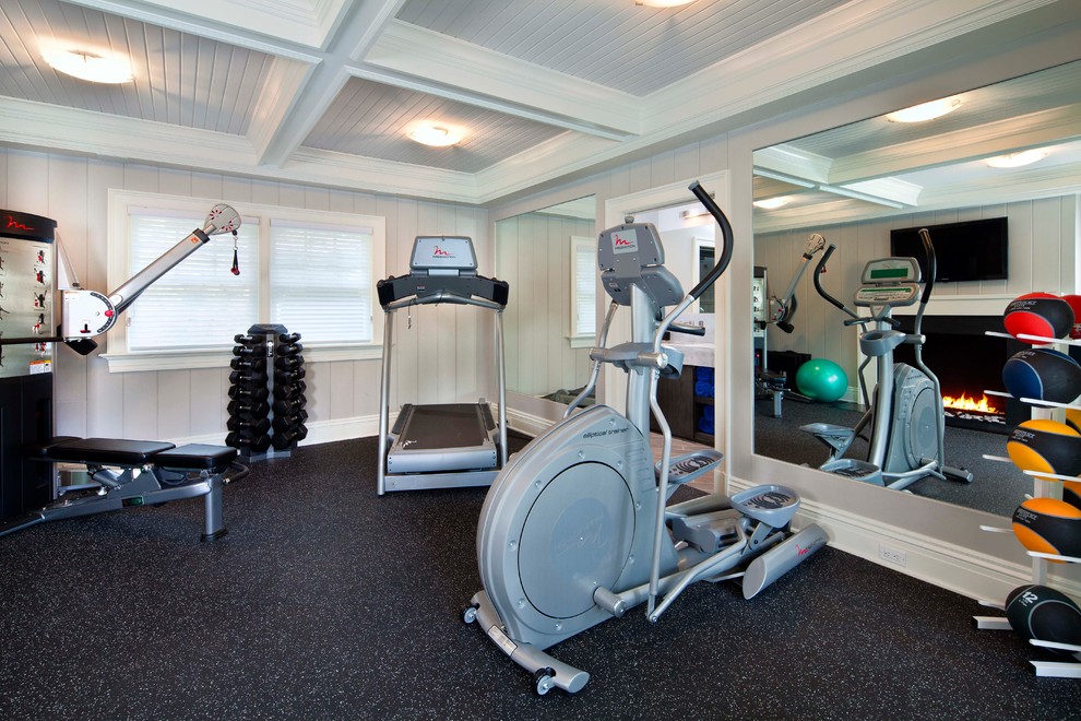 Design ideas for a classic multi-use home gym in New York with grey walls and multi-coloured floors.