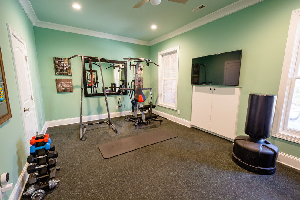 Mid-sized transitional black floor home weight room photo in Raleigh with green walls