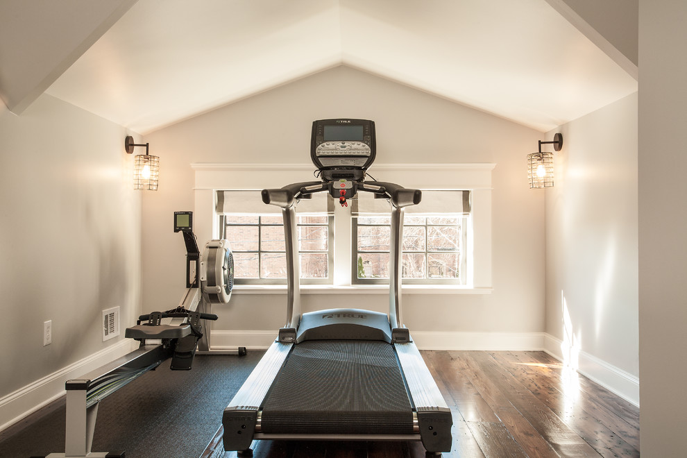 Example of a transitional dark wood floor home gym design in Atlanta with gray walls
