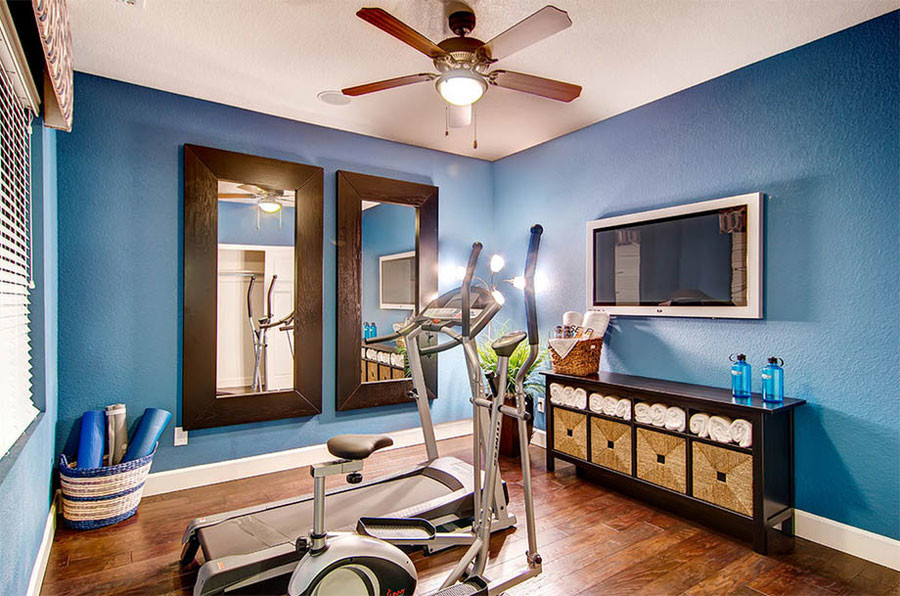 Multifunktionaler, Mittelgroßer Moderner Fitnessraum mit blauer Wandfarbe, braunem Holzboden und braunem Boden in San Diego
