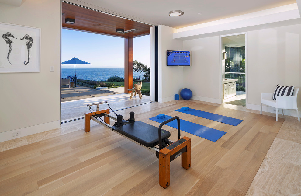Design ideas for a contemporary home gym in Santa Barbara with feature lighting.